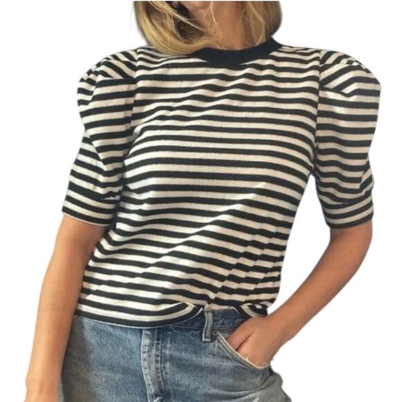 2/$15 Who What Wear Striped Pleated Puff Sleeve Top Black White Size XS - Picture 1 of 12